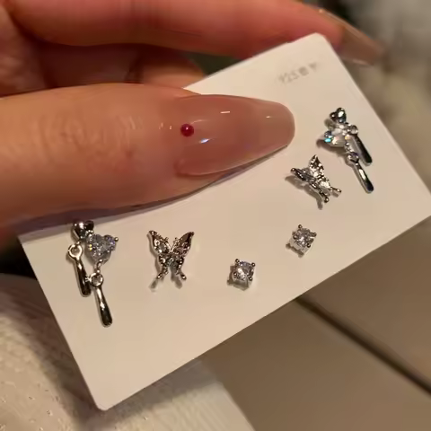 Y2K 6Pcs/set Silver Color Rhinestone Butterfly Stud Earrings for Women Fashion Punk Heart Earring Se