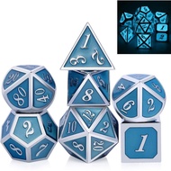 Set Dadu Logam DND Bercahaya DnDnD, Dadu Logam Biru Bercahaya untuk Permainan Peranan RPG Dungeons a