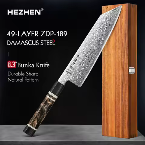 HEZHEN 8.3 Inch Bunka Knife 49 Layers ZDP-189 Damascus steel Powder Core Steel Kitchen Cook Wooden G
