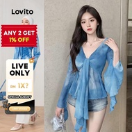 (LIVE STREAM SALE) Lovito Glamorous Blouse Tie Dye Contrast Mesh Front Frill Blouse for Women L106AD