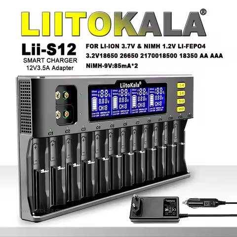 LiitoKala Lii-S12 12-Slot 18650 LCD Battery Charger For 20700 26650 21700 14500 10440 16340 1.2V 3.7