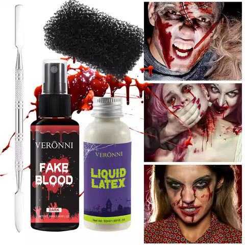 SFX Makeup Kit with 50ml Fake Blood Spray & Liquid Latex, 2-End Stick, Sponge Kit for Realistic Scar