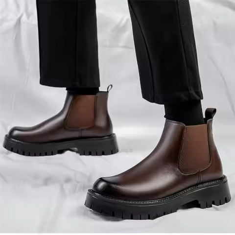 Fashionable Winter Genuine Leather Chelsea Men's Boots Outdoor Warm and Plush High Top Leather Boots