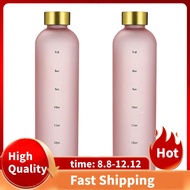 2X Plastic Space Cup Large-Capacity Transparent Frosted Water Cup Copper Lid Water Bottle with Time Marker 1000ML Pink