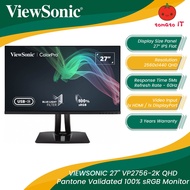VIEWSONIC VP2756-2K 27" 2K QHD Pantone Validated 100% sRGB Monitor - 60Hz/IPS/5ms/HDMI/DP