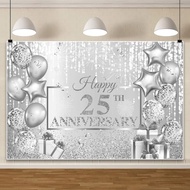 Happy 25th Anniversary Banner Party Backdrop Silver Dripping Glitter Crystals Photography Background