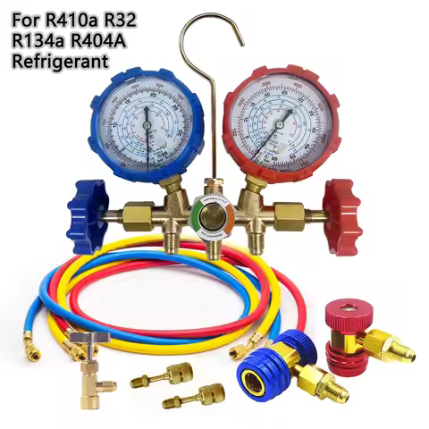 Air Conditioning Pressure Gauge with Hose and Hook 3 Way AC Diagnostic Manifold Gauge Set for Freon