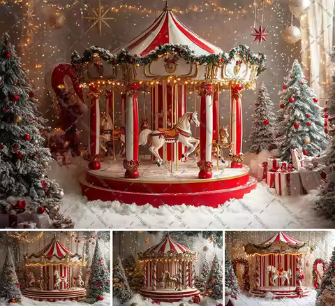 Mehofond Photography Background Merry Christmas Circus Carousel Forest Xmas Tree Kids Family Portrai