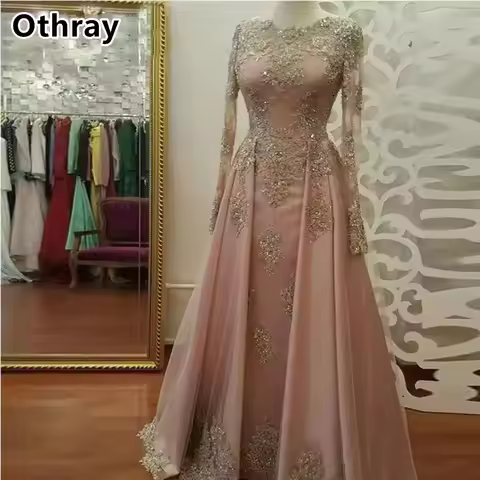 Othray Gorgeous Evening Dresses Gold Lace Appliques Dubai Arabic Saudi Arabian Vestidos De Festa For