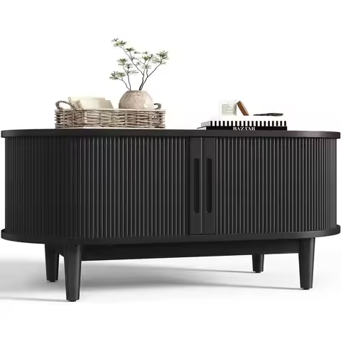 Round Coffee Table, 31.5 Drum Coffee Table with Sliding Door, Luted Accent Center Table with Storage