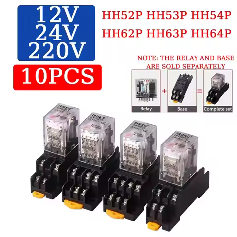 10Pcs Small Intermediate Relay Miniature control relay Base Switch AC 220V DC 12V 24V HH52P HH53P HH