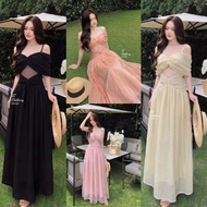 [3T CLOTHING] Women's 2-Layer Cloud Silk Off-Shoulder Dress, Embellished Lady's Flare Dress, Party O