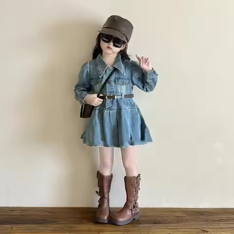 New Girl Fashion Cowboy Dress Long Sleeve Korean Spring and Autumn Edition Collar Waist Cowboy Skirt