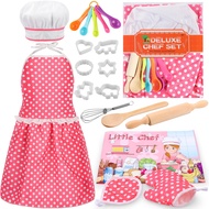 Kids Cooking Baking Set 19Pcs, Kids Chef Role Play Costume Set - Chef Hat and Matching Pink Apron Ch
