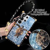 1 ชิ้น เคสโทรศัพท์สี่เหลี่ยมแฟชั่น ลายเต่าหลายสี พิมพ์ฟอยล์ร้อน + UV จุดนูน 3D พร้อมกลิตเตอร์โฮโลแกร