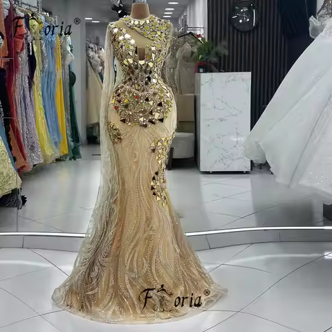 Gorgeous Arabic Gold Crystals Evening Dresses 2024 Sparkly Dubai Long Shawl Prom Gown Vestidos de No