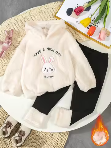 A Cute And Warm Sweater Set For Girls In Autumn And Winter A Little Rabbit Embroidered Hooded Jacket