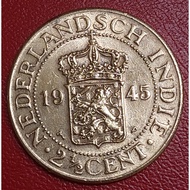 1945 - 2½ Cents Netherlands East Indies 2½ Cents 12.6g & 30mm Rarest Coin - 1945年荷兰 2.5美分 最稀有硬币
