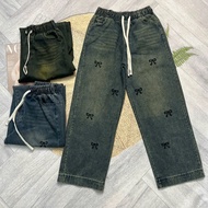 Quần jeans nữ ống rộng thêu nơ chiều dài 92cm - Có size cho nàng nấm