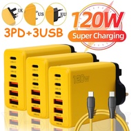 120W 6-Port USB-A USB-C Charger - EU US UK Travel Charging Set - Cellphone Wall Adapter With Cable -