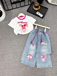 Bộ  cho bé gái gồm áo thun+ quần jean xuông  đồ bé gái phong cachs hoạ tiết babythree hot hit