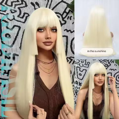 24Inch Platinum Blonde Synthetic Wigs with Bangs Medium Natural Straight Hair Wig for Women Hime Cut