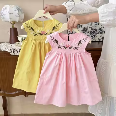Summer New Girls Sweet Fashion Wear Sleeveless O-Neck Flower Embroidered A-Line Dress 1 Pc 2-7 Years