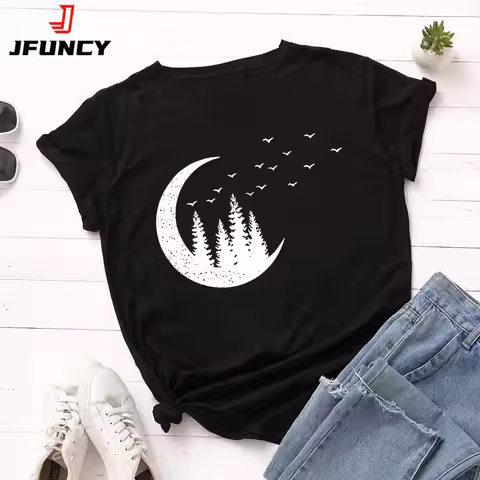 JFUNCY 100% Cotton Summer Tshirt Creative Moon Forest Print Women T-Shirt Short Sleeve Woman Tee Top