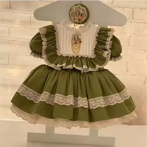 0-12Y Baby Girl Summer Green Vintage Lace Princess Dress for Birthday Holiday Photography Eid Christ