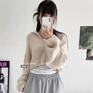 [Fee Next Day Delivery 7 Colors] Soft QQ Wool Short Zipper Sweater Lapel Top Slimmer Look Women Spri