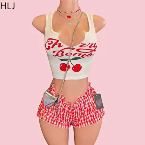 HLJ&GG Y2K Cherry Print Fashion Ruffle Shorts Two Piece Sets For Women V Neck Sleeveless Tank Top + 