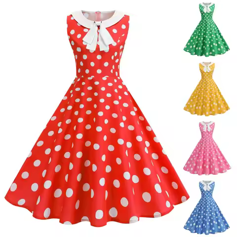Womens 1950s Retro Polka Dot Swing Dress 2026 Fashion Sleeveless Peter Pan Collar Bowknot Party Prom