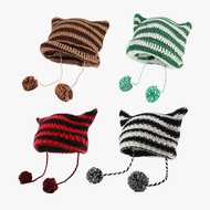 [Jill Punk] Little Devil Striped Cat Ears Wool Hat (y2k) Millennium Ghost Horse Girl Cute Punk Haraj