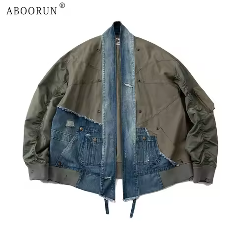 ABOORUN Hi Street Men's Retro Cardigan Robe Denim Patches Jackets Streetwear Coats for Male