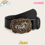 JUNE1 Leather Embossed Belt, Harajuku Y2K Punk Rock Belt, Women Man Hip Hop Horse Head Buckle Belt