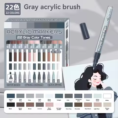 22 Gray Acrylic Markers, Gray Set for Students' Anime Drawing, Non-Smudge Hand-Drawn Art Supplies fo