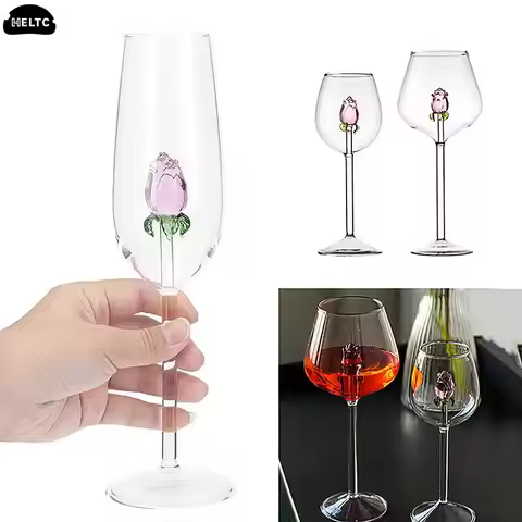 1*Rose Cocktail Glass Creative 3D Pink Glass Rose Built-in Wine Glass Goblet Champagne Home Cute Gif
