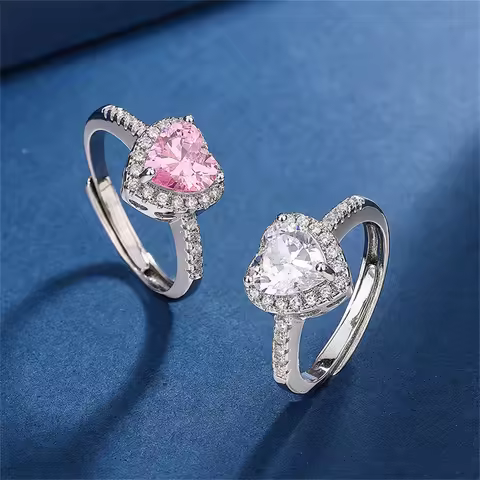 Luxury Pink Micro Zircon Heart Shaped Adjustable Ring For Women Exquisite Silver Color Metal Young G