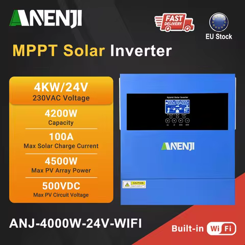ANENJI 4.2KW 24V Hybrid Solar Inverter 220V On/Off Grid Built-in 100A MPPT Pure Sine Wave for Solar 