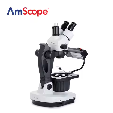 AmScope GM400 Series Advanced Jewel Gem Zoom Trinocular Stereo Microscope on Track Stand
