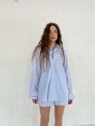 PARMA AFTERNOON - Bailey Stripe Shirt - เสื่อเชิ้ตแขนยาวสีฟ้าดีเทลปักแขน