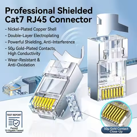 10Pcs RJ45 Pass Through Cat7 Shielded Connector 50U Gold Plated Ethernet Modular Plug Lan Network Ca