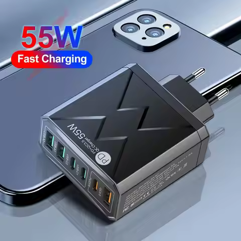6 in 1 55W PD USB Charger Fast Charging Quick Charge 3.0 Travel Charger For iPhone Samsung Huawei Xi