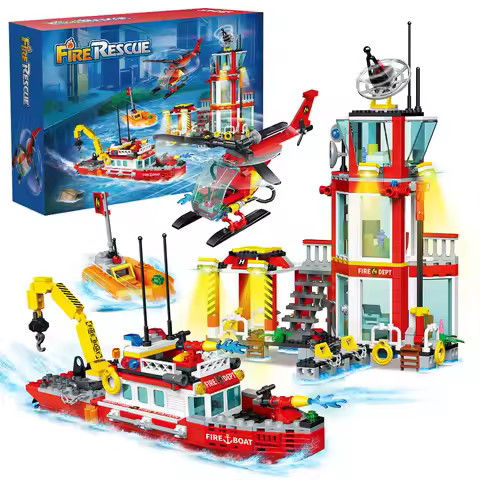 City Oceans Fire Station Blocks Compatible with leg0 Fire Station Set with Fire Station,Fire Helicop