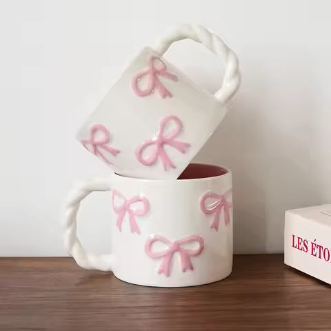 1Pc13.4Oz Pink Bow Ceramic Mug, Twist Handle Ceramic Mug, Exquisite and Simple Pink Embossed Mug, Su