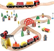 Qilay Wooden Train Set for Toddler - 39 Pcs Wooden Train Tracks with Crane, Bridge &amp; 5 Wooden Trains - Train Toys for 3,4,5 Year Old Boys &amp; Girls - Fit All Major Bands Train Tracks Set
