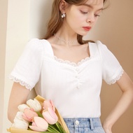 F &amp; L Women's Clothes Korean White Knitted Short-Sleeved T-shirt Women's Summer 2024 New Lace Lace Collar Pleated Slim Striped Top (Ready Stock)