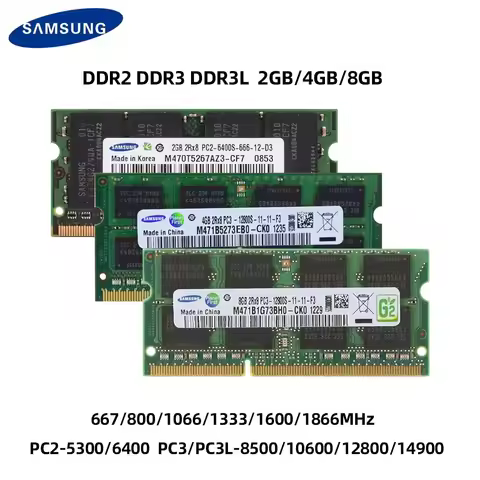 Samsung Laptop Ram DDR2 2GB 4GB 800MHz 667MHz DDR3 DDR3L 2GB 4GB 8GB 1066 1333 1600 1866MHz SODIMM 2