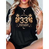 Women's 33rd Birthday Number T-Shirt - Balloon & Star Print 33 Years Outfit, Birthday Party Queen Te