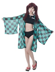 Shinobu Kocho Cosplay Swimsuit Womens Anime Kimono Cardigan Cover Up Bikini Swimwear